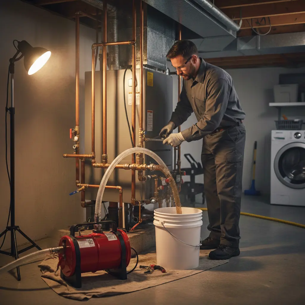 A professional HVAC technician in a grey uniform performing a heating system flush on a residential furnace, using a specialized red power-flushing pump and clear hoses to drain sediment into a white bucket in a basement setting.