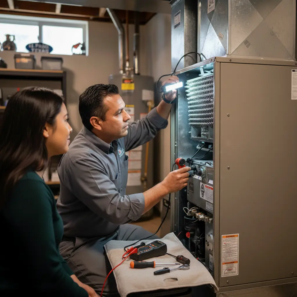 A professional HVAC technician in a grey uniform inspecting the internal components of a high-efficiency residential furnace with a flashlight while explaining the maintenance process to a female homeowner in an El Paso basement.