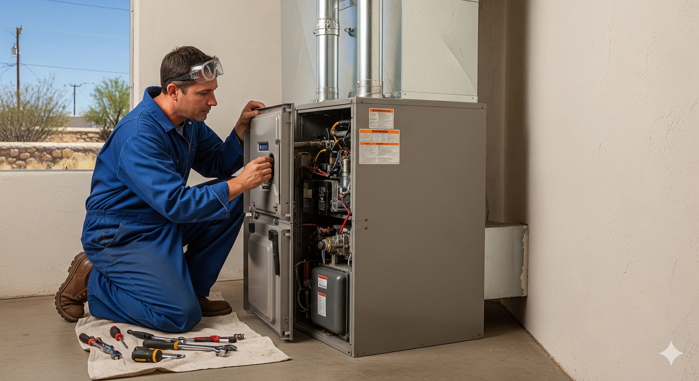 Technician servicing furnace equipment